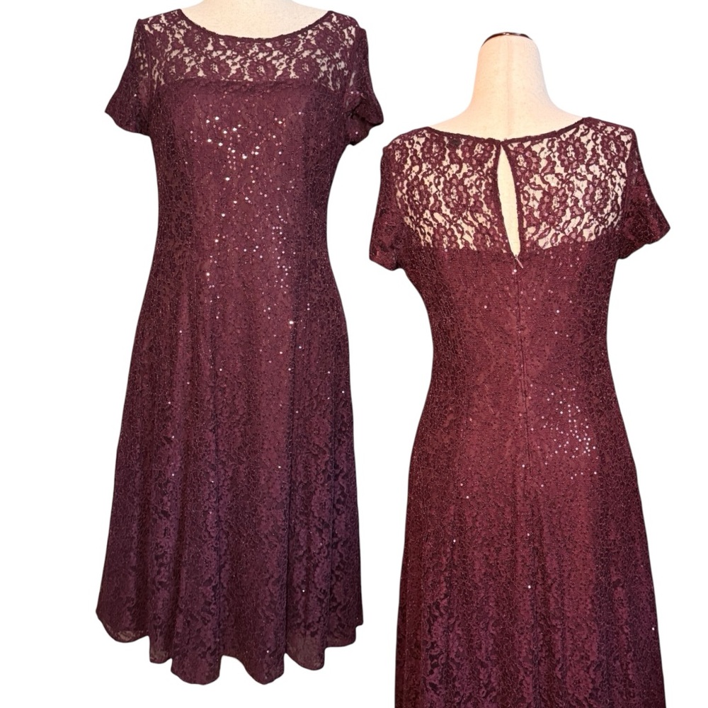 Gorgeous Lace & Sequin Women’s Plum/Aubergine Midi Dress, Sz 10, EUC